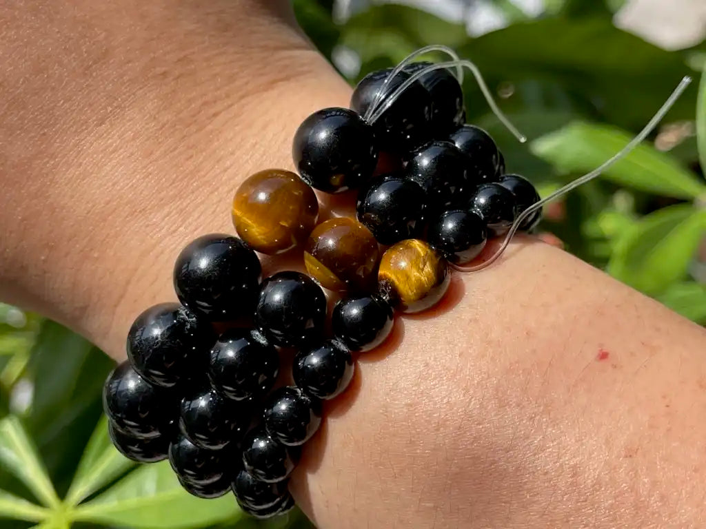 Brazil Black Tourmaline with Tiger's Eye Bracelet A Grade 100% Natural Crystal Gemstone - JING WEN CRYSTAL