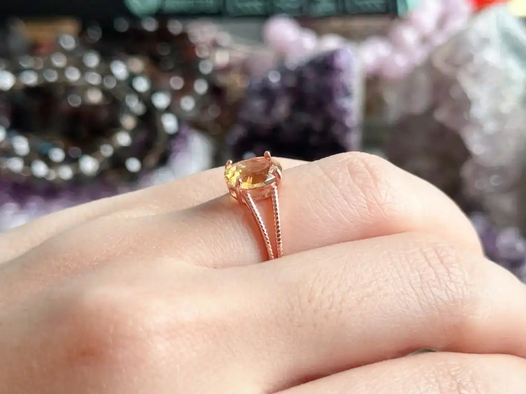 Madagascar Yellow Citrine Adjustable Ring A Grade in Silver 925 with Rose Gold Plated 100% Natural Crystal Gemstone