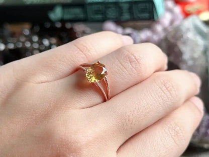 Madagascar Yellow Citrine Adjustable Ring A Grade in Silver 925 with Rose Gold Plated 100% Natural Crystal Gemstone - JING WEN CRYSTAL