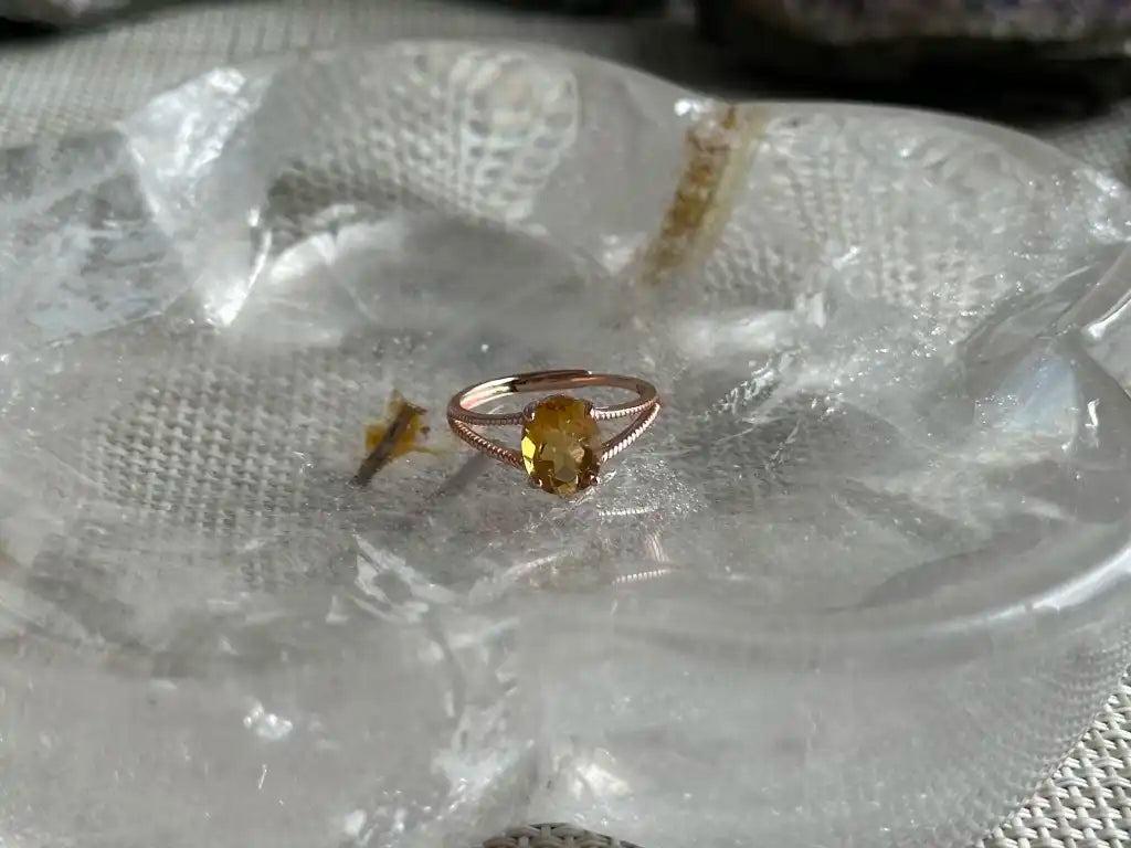 Madagascar Yellow Citrine Adjustable Ring A Grade in Silver 925 with Rose Gold Plated 100% Natural Crystal Gemstone