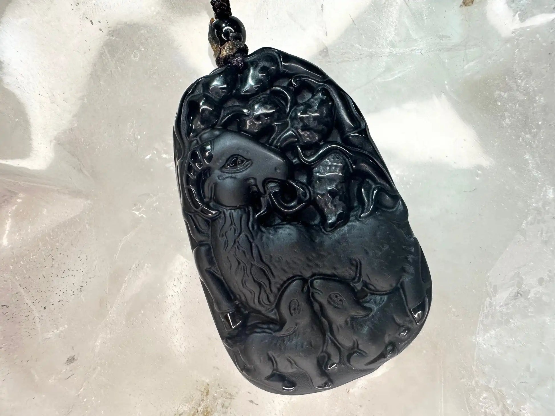 Japan Black Obsidian Sheep Carving Auspicious Necklace A Grade 100% Gemstone - JING WEN CRYSTAL