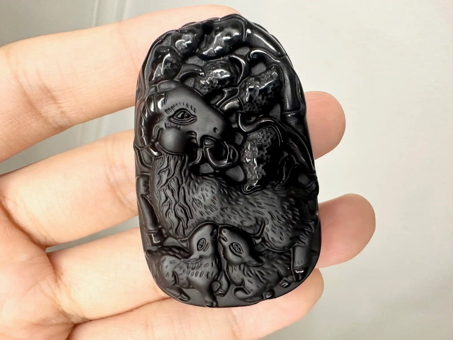 Japan Black Obsidian Sheep Carving Auspicious Necklace A Grade 100% Gemstone - JING WEN CRYSTAL