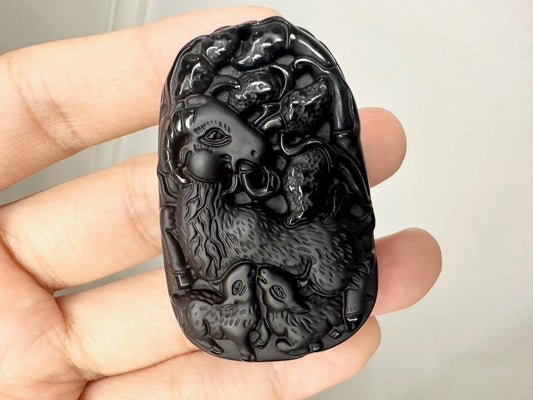 Japan Black Obsidian Sheep Carving Auspicious Necklace A Grade 100% Gemstone - JING WEN CRYSTAL