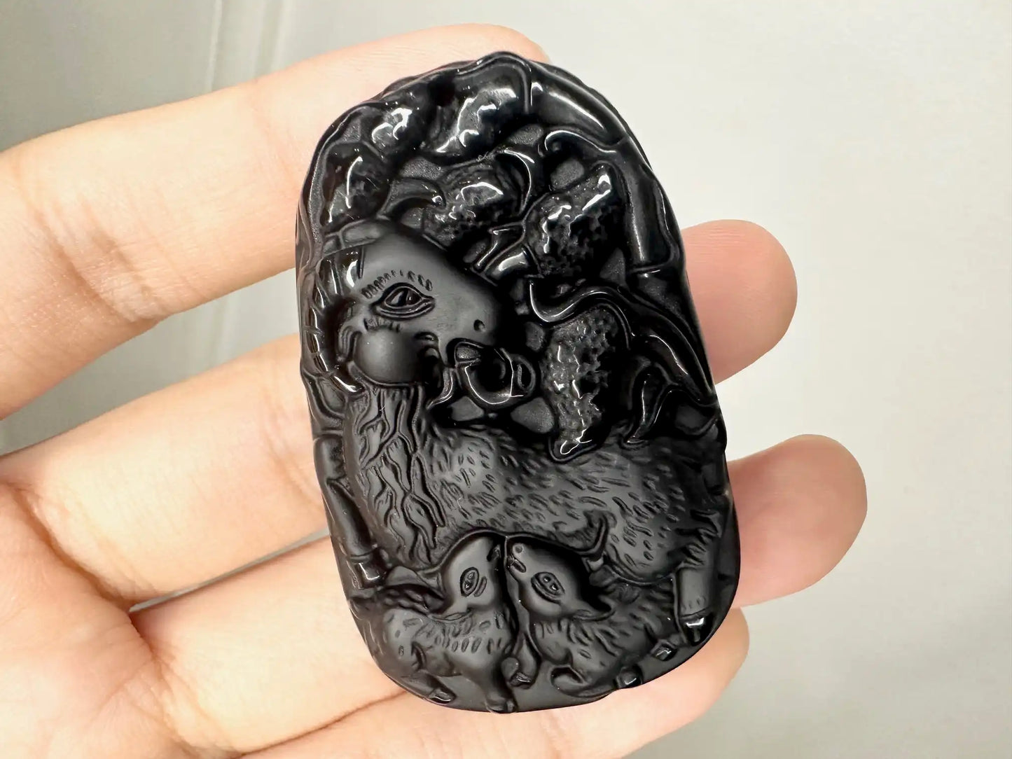 Japan Black Obsidian Sheep Carving Auspicious Necklace A Grade 100% Gemstone - JING WEN CRYSTAL