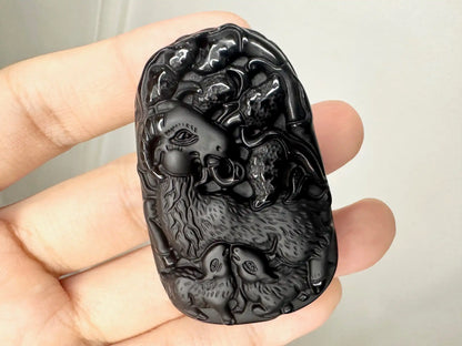 Japan Black Obsidian Sheep Carving Auspicious Necklace A Grade 100% Gemstone - JING WEN CRYSTAL