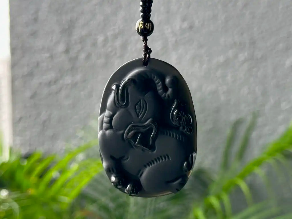Japan Black Obsidian Auspicious Elephant Necklace A Grade 100% Gemstone - JING WEN CRYSTAL