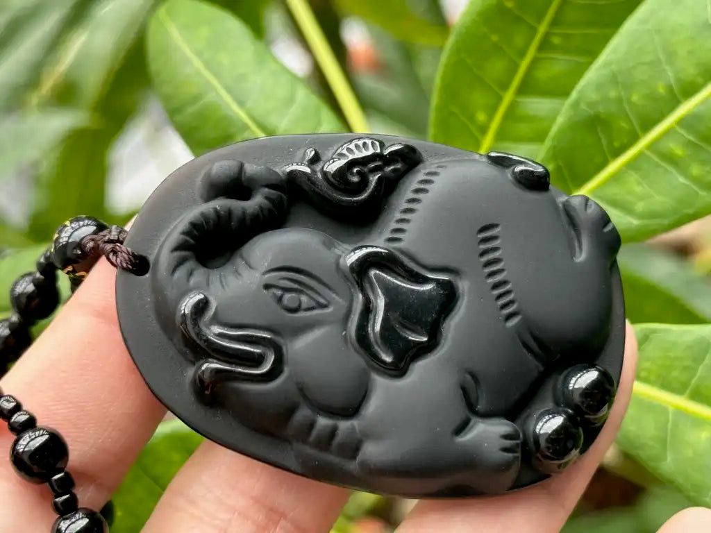Japan Black Obsidian Auspicious Elephant Necklace A Grade 100% Gemstone - JING WEN CRYSTAL