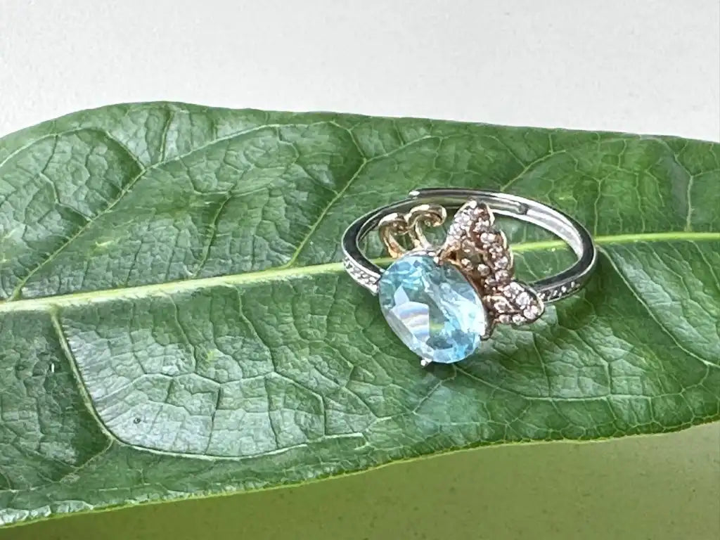 Brazil Blue Topaz Adjustable Ring A Grade with Silver 925 100% Natural Crystal Gemstone - JING WEN CRYSTAL