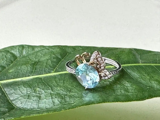 Brazil Blue Topaz Adjustable Ring A Grade with Silver 925 100% Natural Crystal Gemstone - JING WEN CRYSTAL