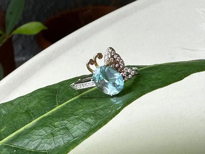 Brazil Blue Topaz Adjustable Ring A Grade with Silver 925 100% Natural Crystal Gemstone - JING WEN CRYSTAL