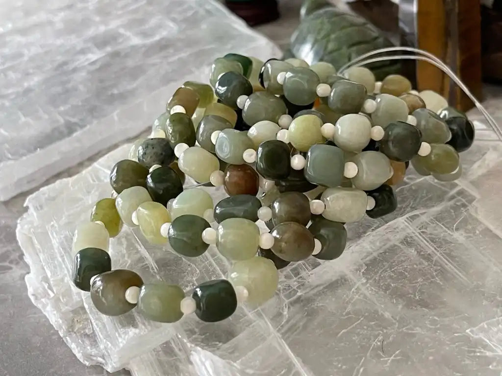 Burma Green Jade 8-10mm Irregular with Shell A Grade 100% Natural Crystal Gemstone - JING WEN CRYSTAL