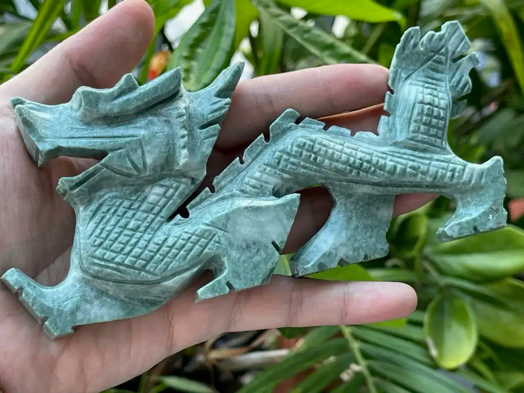 Burma Green Jade Dragon Carving 15-16cm 100% Natural Crystal Gemstone - JING WEN CRYSTAL