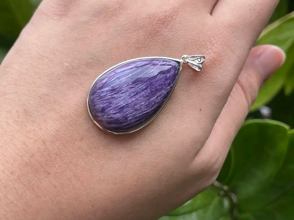 Russia Charoite Pendant in Silver 925 A Grade 100% Natural Crystal Gemstone - JING WEN CRYSTAL