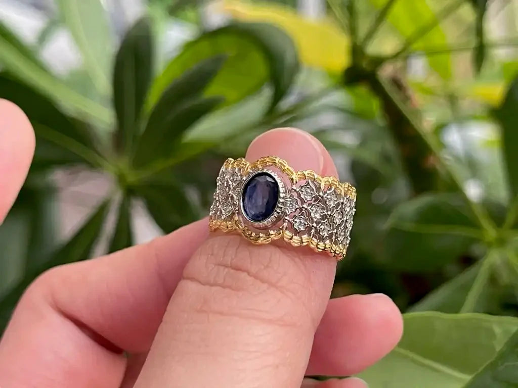 India Blue Sapphire Grand Ring A Grade with Silver 925 100% Natural Crystal Gemstone - JING WEN CRYSTAL