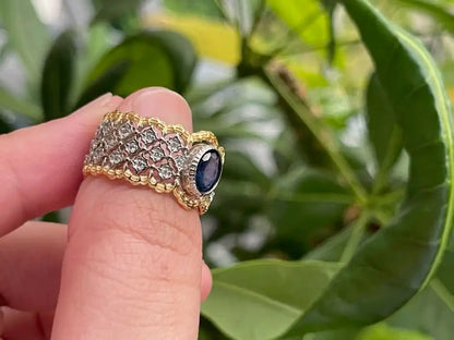 India Blue Sapphire Grand Ring A Grade with Silver 925 100% Natural Crystal Gemstone - JING WEN CRYSTAL