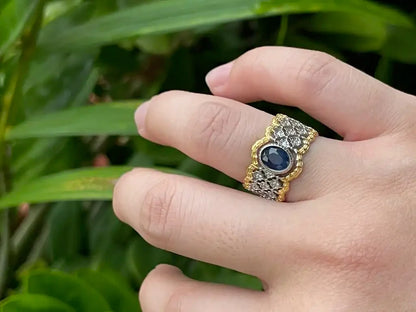 India Blue Sapphire Grand Ring A Grade with Silver 925 100% Natural Crystal Gemstone - JING WEN CRYSTAL