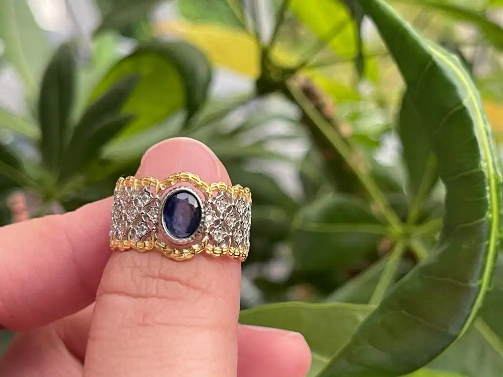 India Blue Sapphire Grand Ring A Grade with Silver 925 100% Natural Crystal Gemstone - JING WEN CRYSTAL