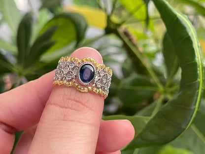 India Blue Sapphire Grand Ring A Grade with Silver 925 100% Natural Crystal Gemstone - JING WEN CRYSTAL