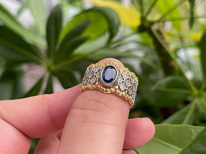 India Blue Sapphire Grand Ring A Grade with Silver 925 100% Natural Crystal Gemstone - JING WEN CRYSTAL