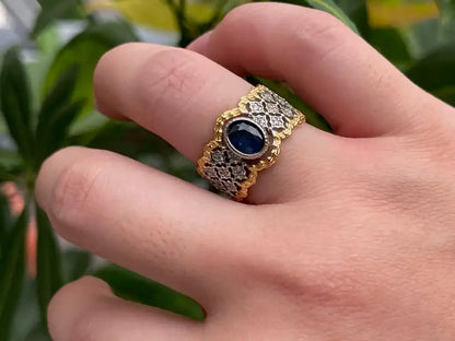 India Blue Sapphire Grand Ring A Grade with Silver 925 100% Natural Crystal Gemstone - JING WEN CRYSTAL