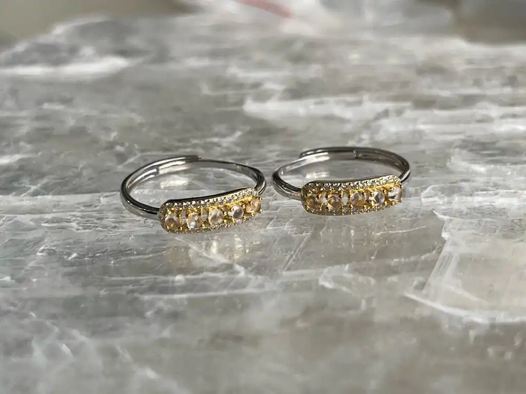 India Moonstone Adjustable Ring A Grade in Silver 925 100% Natural Crystal Gemstone - JING WEN CRYSTAL