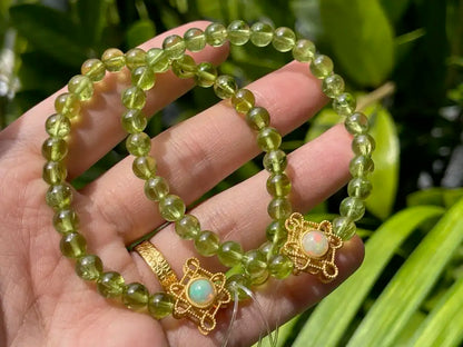 Pakistan Peridot 5.8-6.2mm Bracelet with Ethiopian Opal in Silver 925 A Grade 100% Natural Crystal Gemstone - JING WEN CRYSTAL