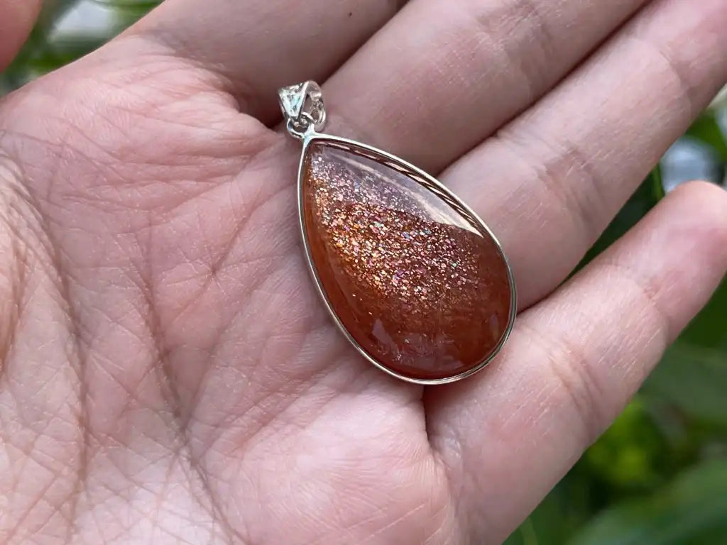 Tanzania Golden Strawberry Sunstone Pendant in Silver 925 A Grade 100% Natural Crystal Gemstone - JING WEN CRYSTAL