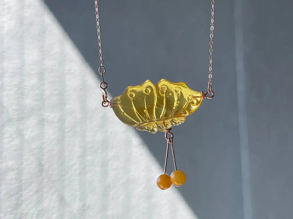 Russia Amber Butterfly Pendant Necklace in Rose Gold Silver 925 Chain A Grade 100% Natural Crystal Gemstone - JING WEN CRYSTAL