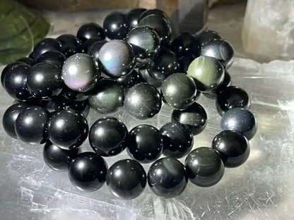 Brazil Rainbow Obsidian Bracelet 13.5-14.5mm A Grade 100% Natural Crystal Gemstone - JING WEN CRYSTAL