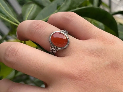 India Red Agate Adjustable Ring A Grade in Silver 925 100% Natural Crystal Gemstone - JING WEN CRYSTAL