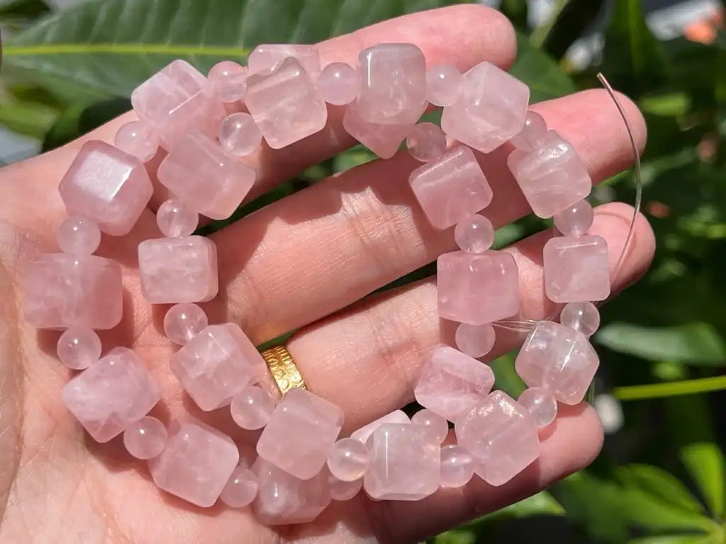 Madagascar Rose Quartz 9-10mm Cube Bracelet  A Grade 100% Natural Crystal Gemstone - JING WEN CRYSTAL