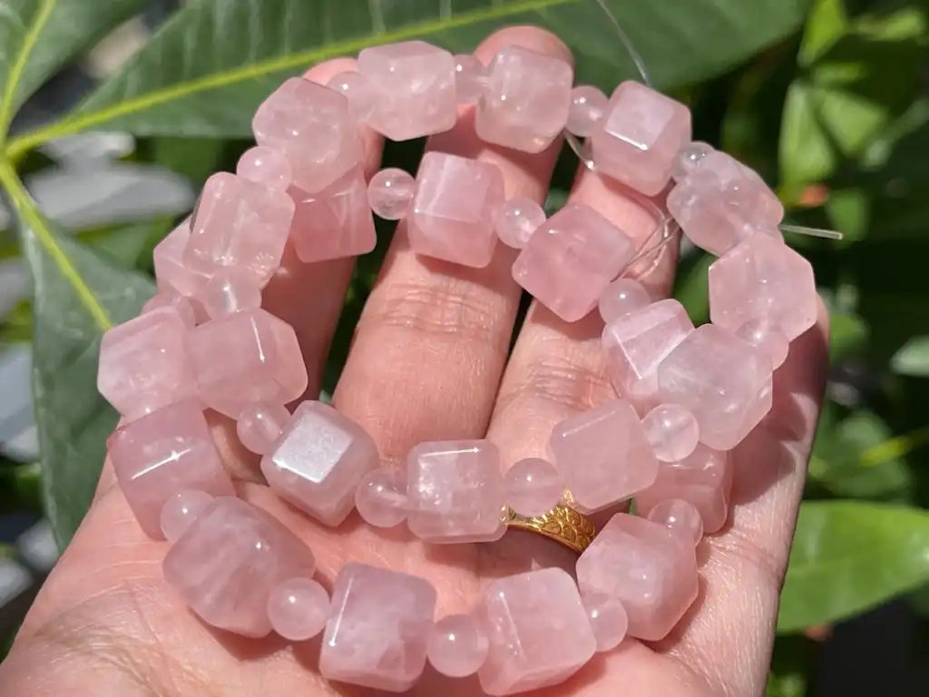Madagascar Rose Quartz 9-10mm Cube Bracelet  A Grade 100% Natural Crystal Gemstone - JING WEN CRYSTAL